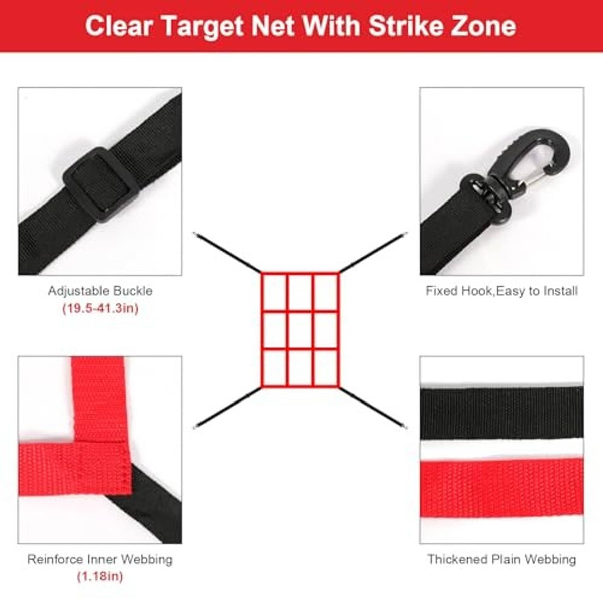 Strike zone target net with red border and black straps, showing adjustable buckle and hook