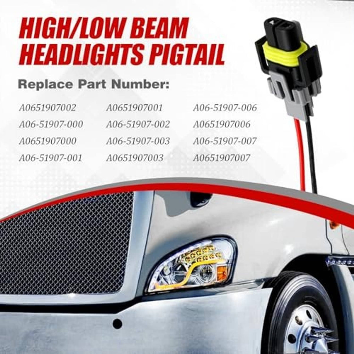 Headlight pigtail connector with gray housing, yellow latch, and red/black lead wires