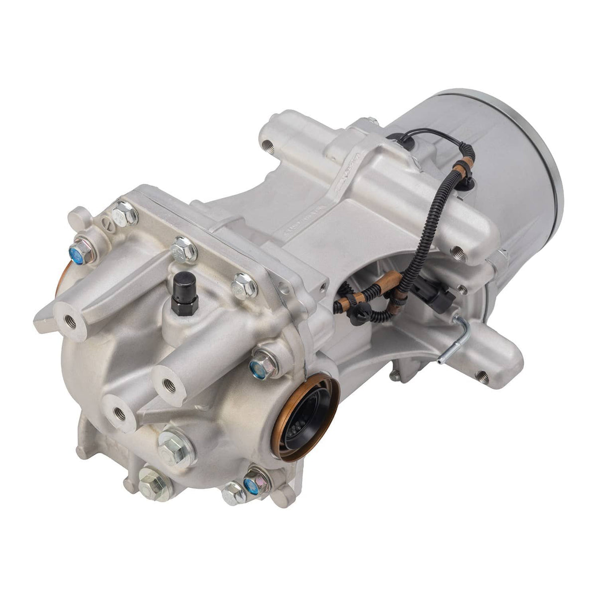 Rear axle differential carrier with coupling unit, angled view of silver housing and coupling module