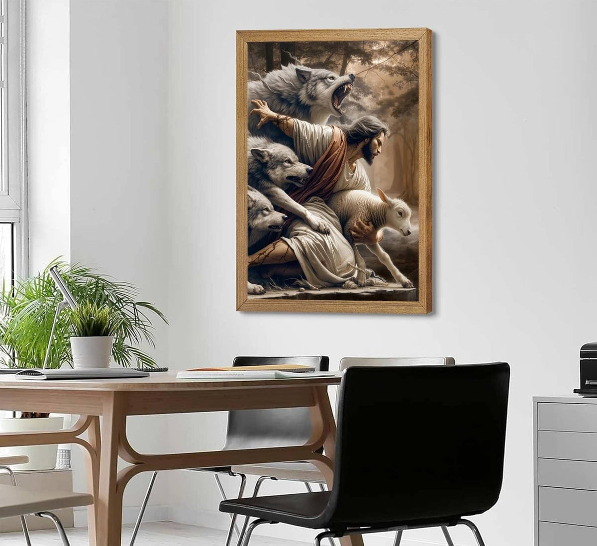 Framed Jesus and lamb canvas wall art on wall between desk and chairs, animal scene