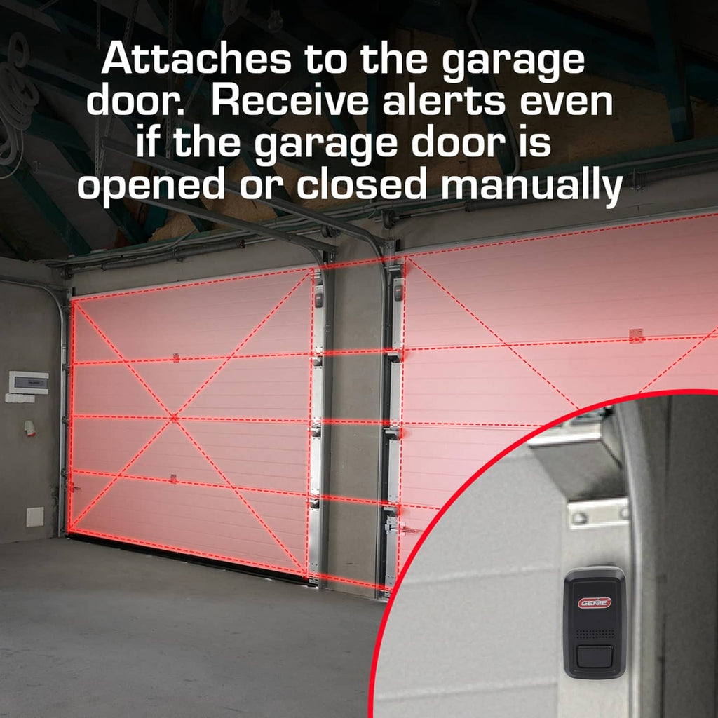 Genie door position sensor mounted on garage door, black housing
