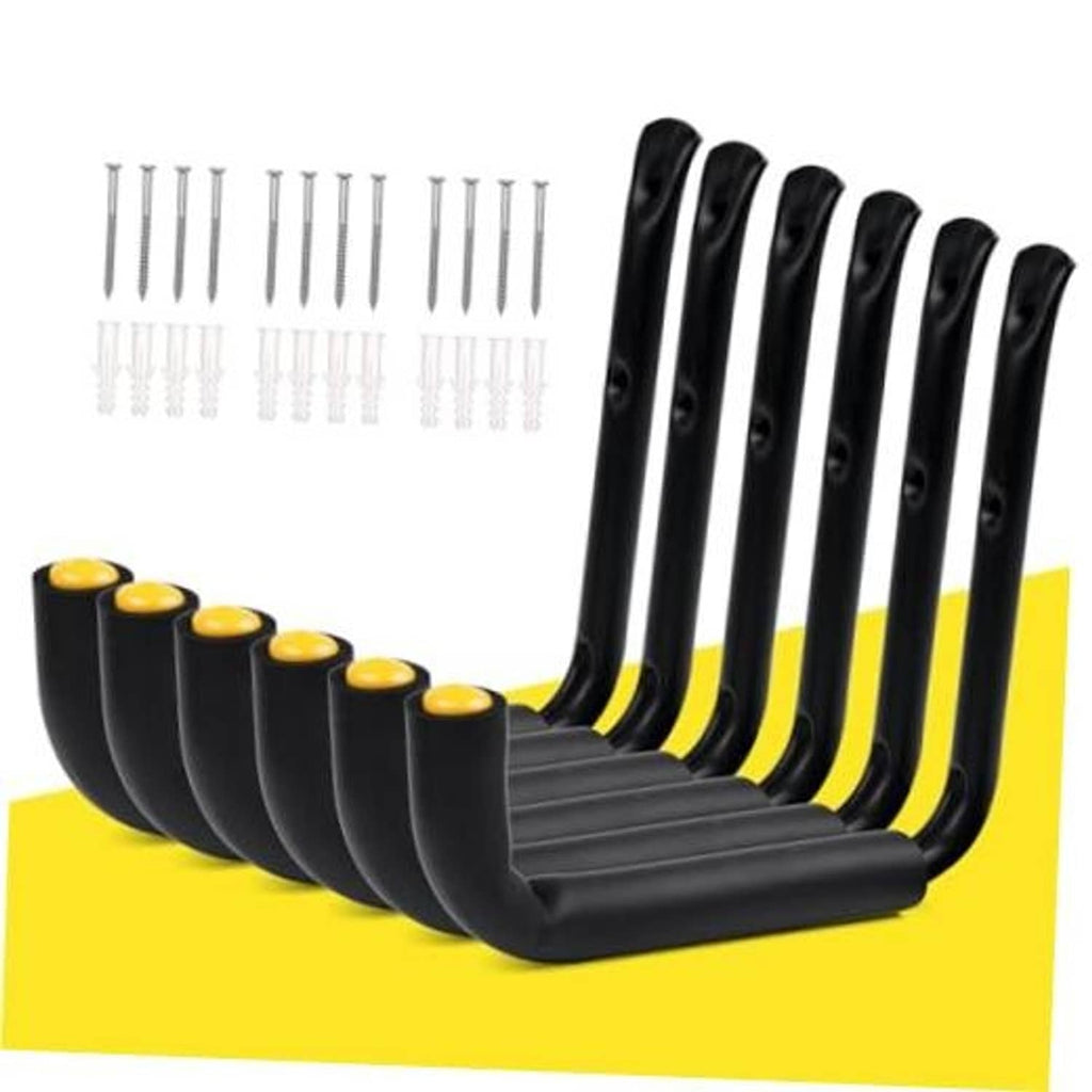 Set of six matte black J-shaped garage storage hooks with yellow rubber end caps