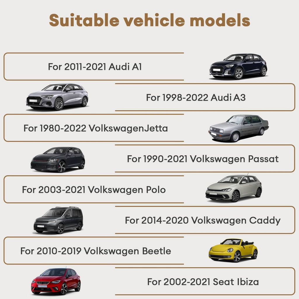 Vehicle compatibility chart for Audi and Volkswagen models (2010-2022 ranges)