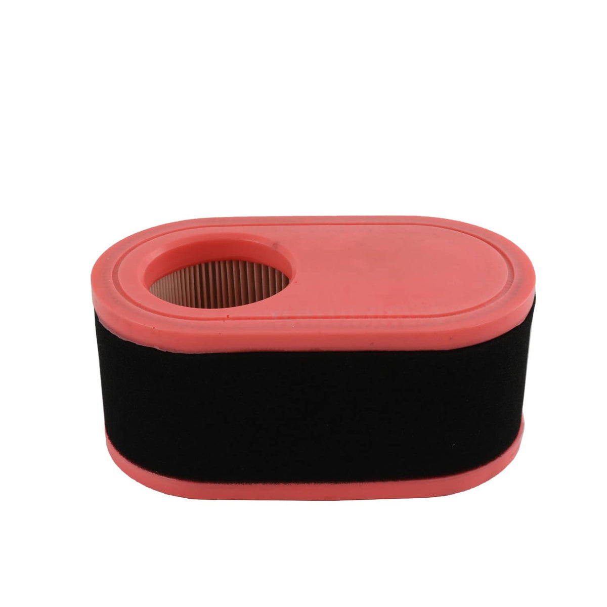 Air filter element with red top and black body, with inlet filter opening