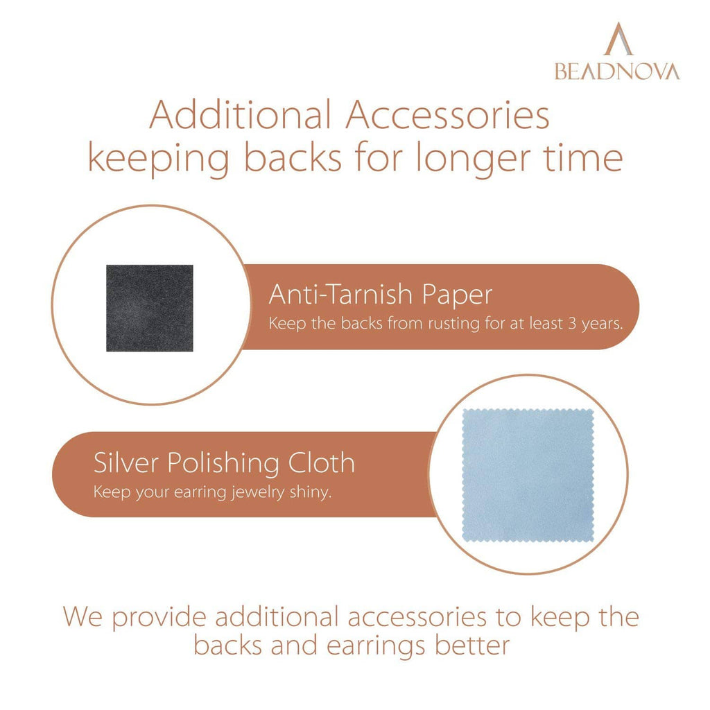 925 sterling silver earring back care set with anti-tarnish paper and polishing cloth.