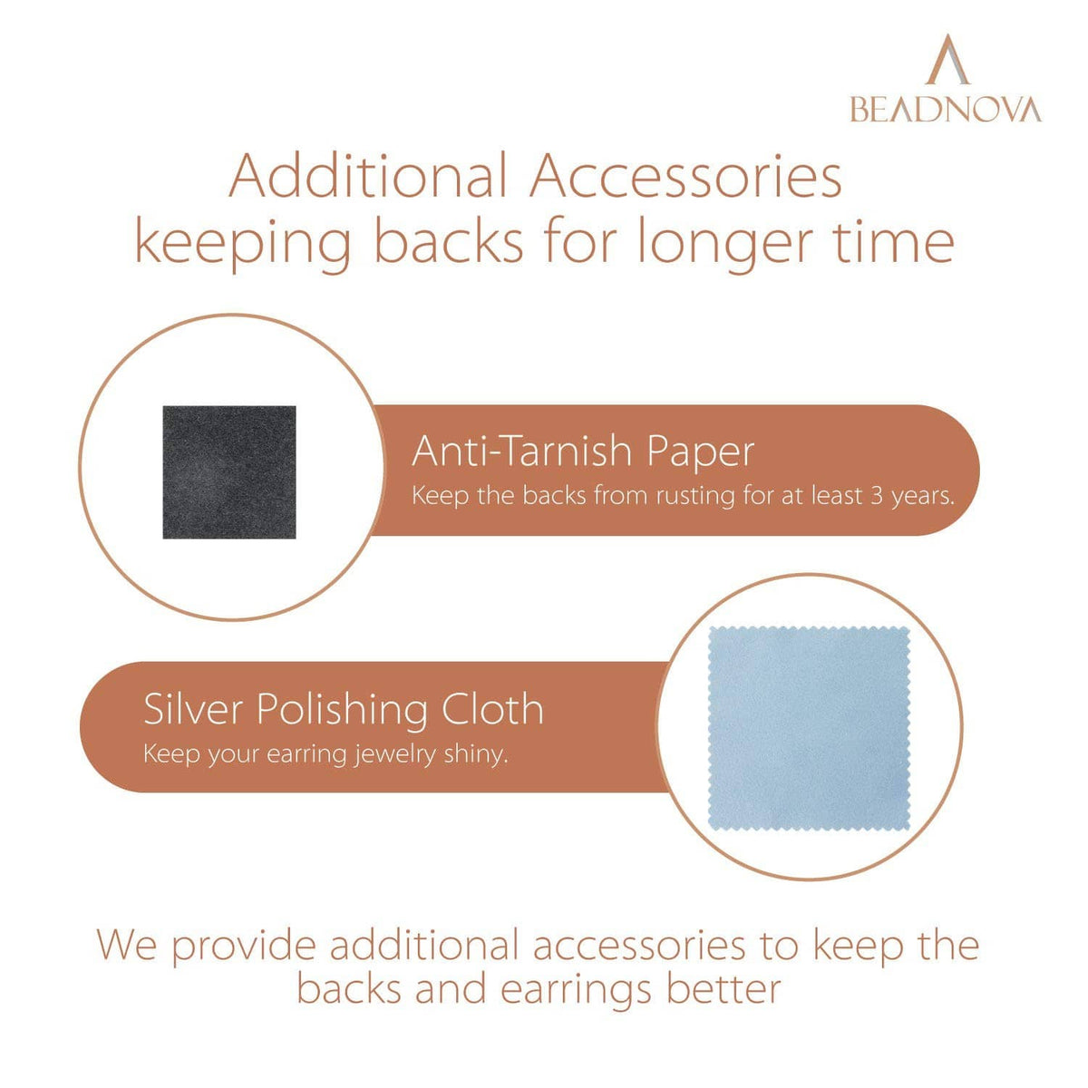 925 sterling silver earring back care set with anti-tarnish paper and polishing cloth.