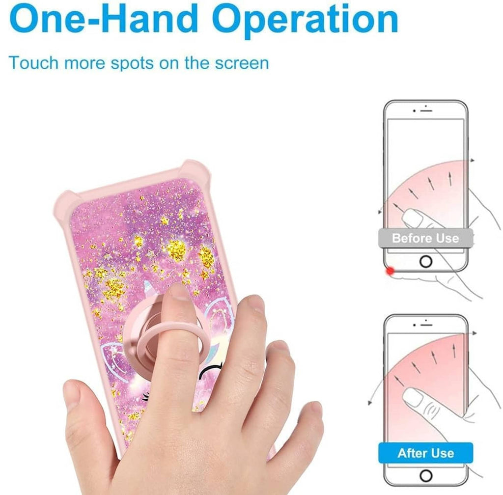 Pink glitter phone case with unicorn pattern and circular ring grip, shown with hand holding
