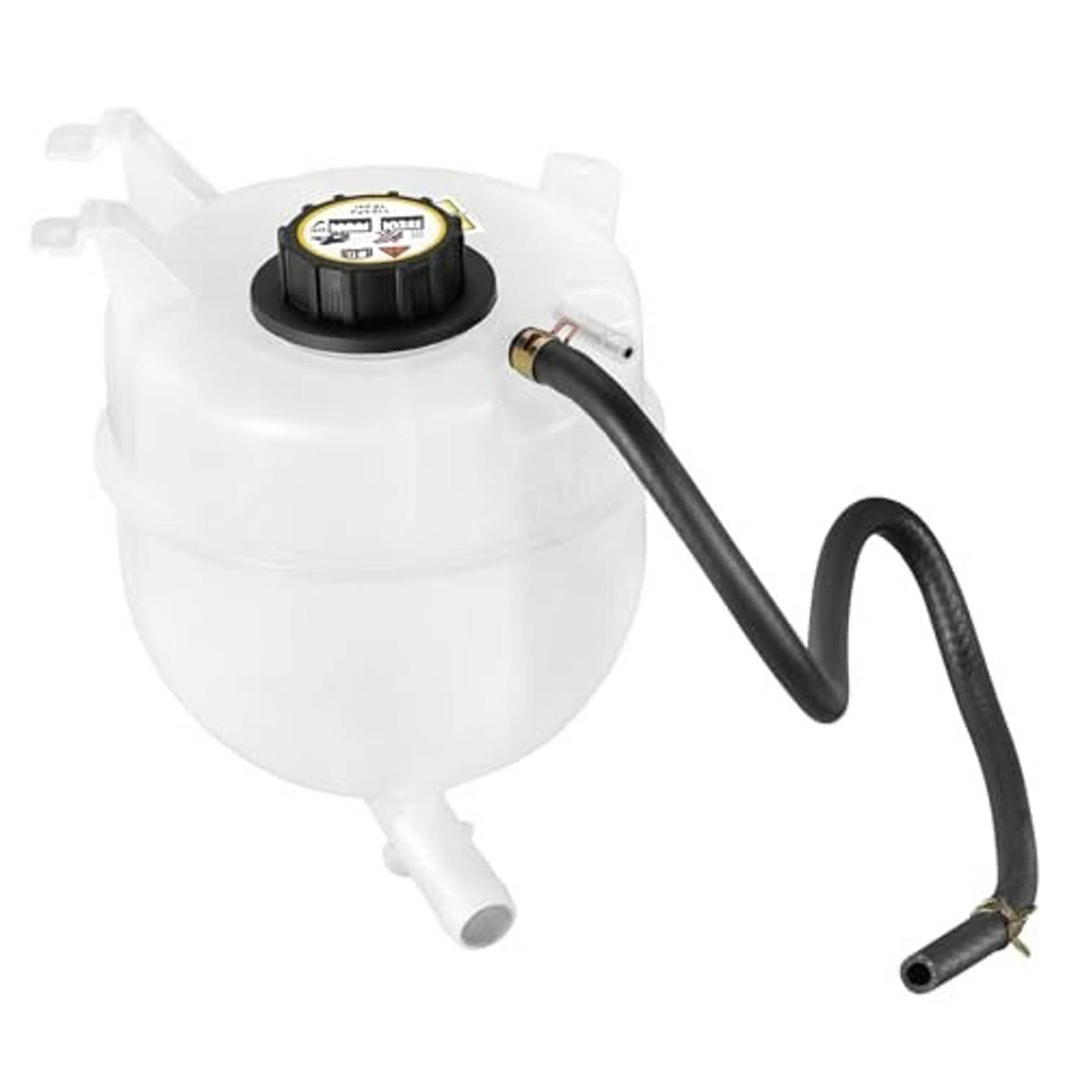 White coolant expansion reservoir with black cap and outlet hoses