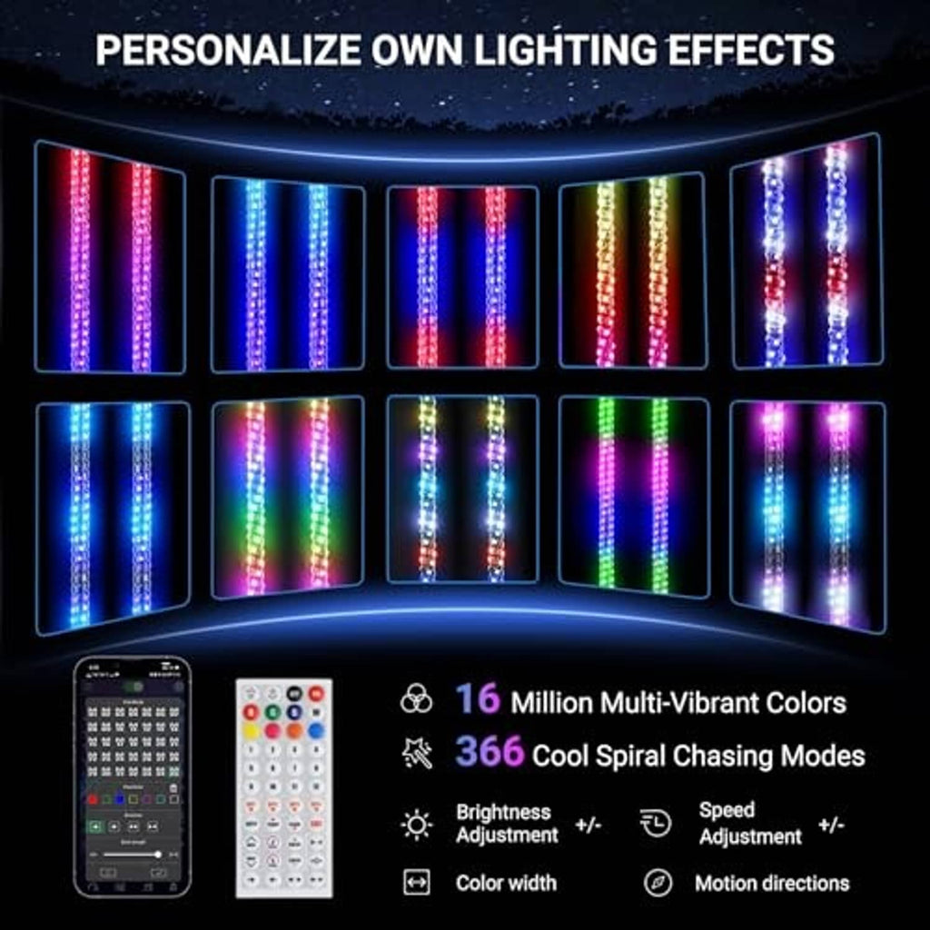 RGB LED whip light set showing multiple light color effects, with remote controller