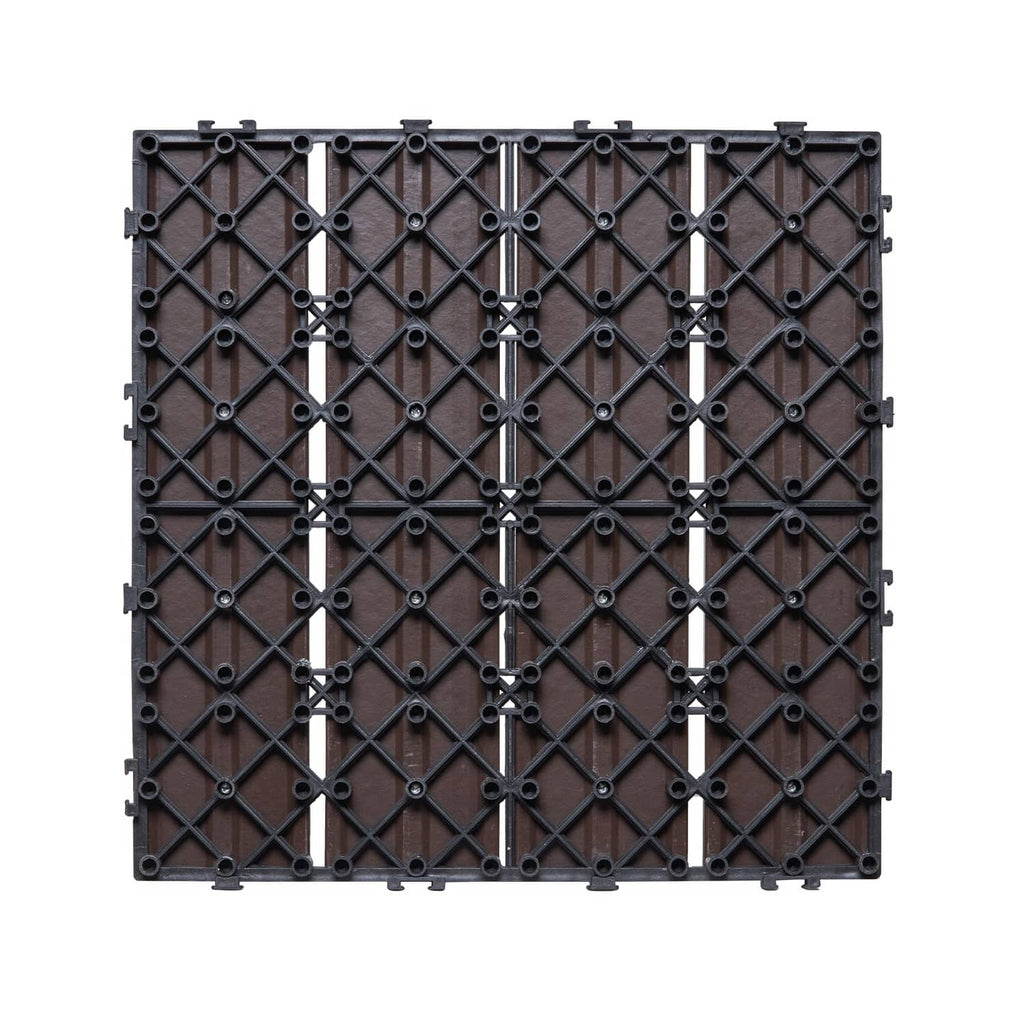 Underside of dark brown interlocking deck tile with raised diamond pattern base