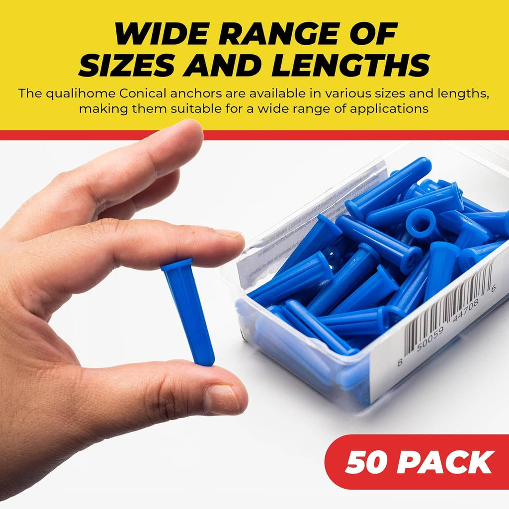Hand holding a blue conical plastic wall anchor; 50-pack blister tray beside it