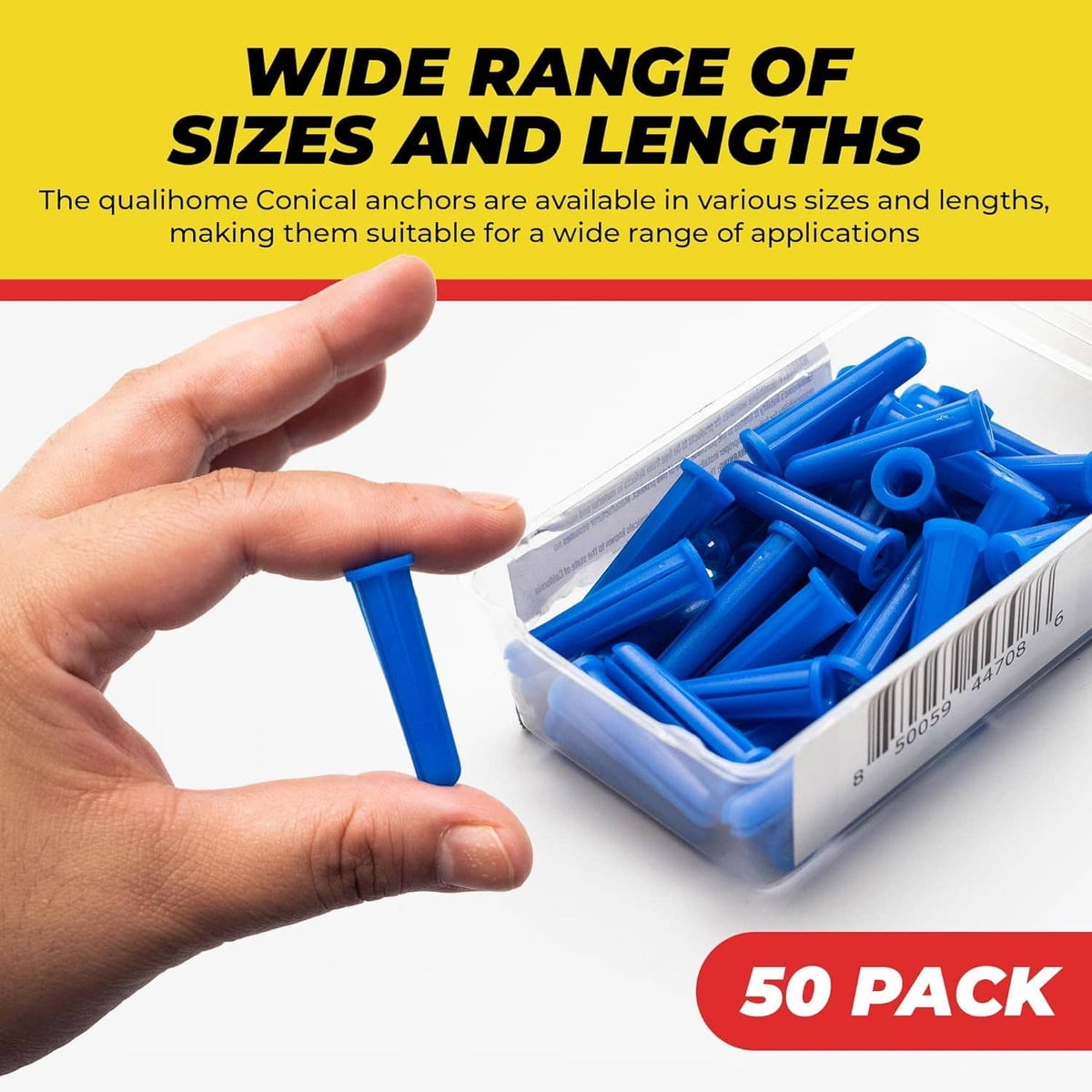 Hand holding a blue conical plastic wall anchor; 50-pack blister tray beside it