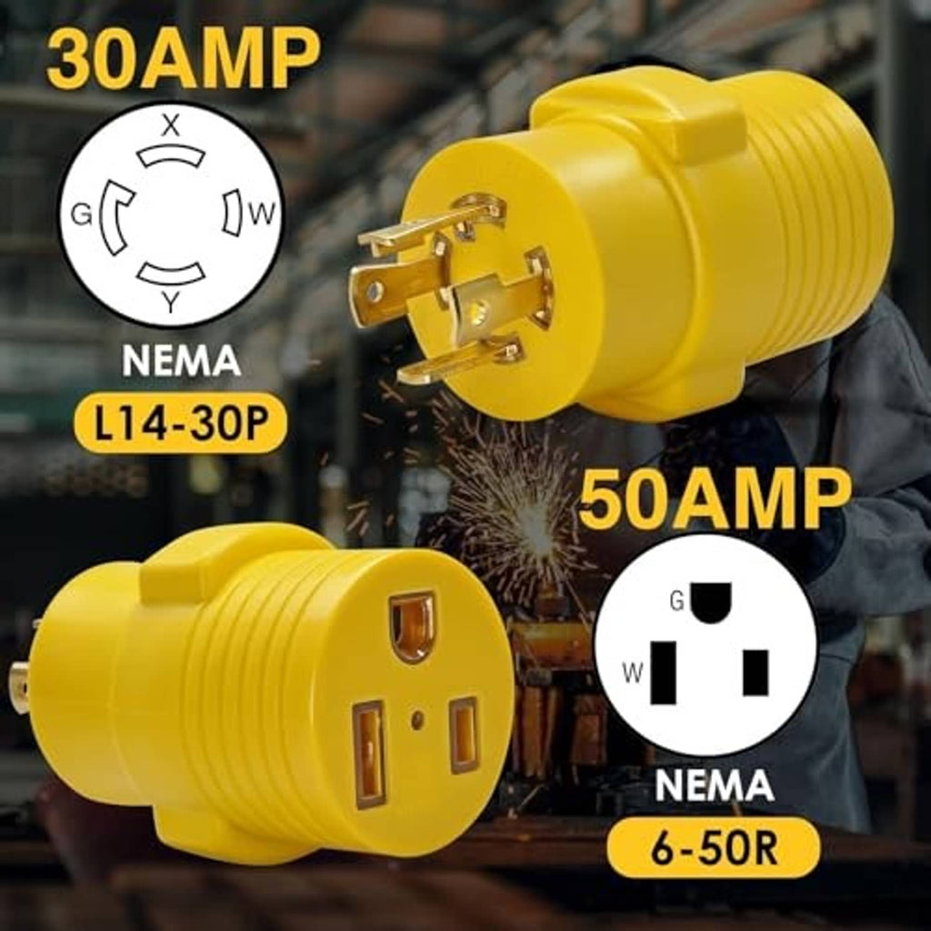 Yellow NEMA-style generator/welder adapter with two-prong plug and metal terminals