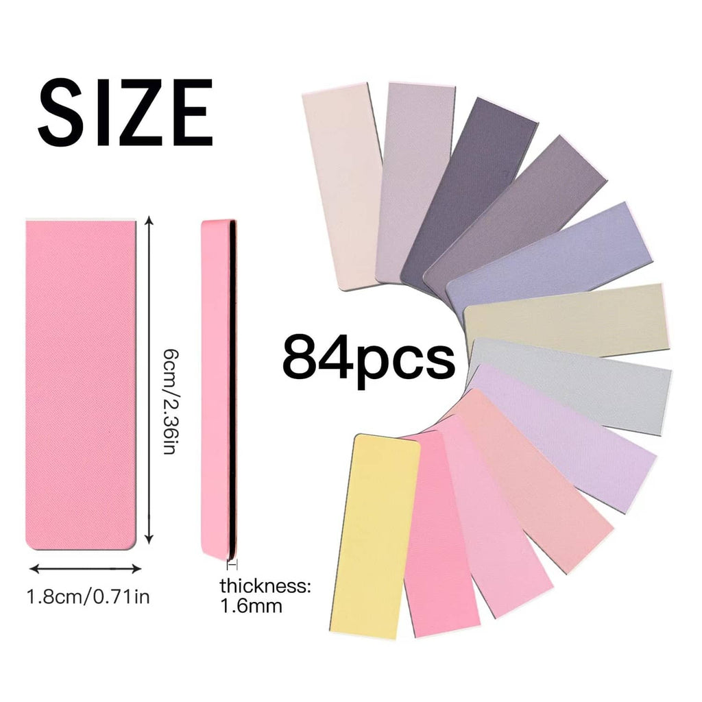 84-pack magnetic bookmark tabs in pink, purple, and yellow tones