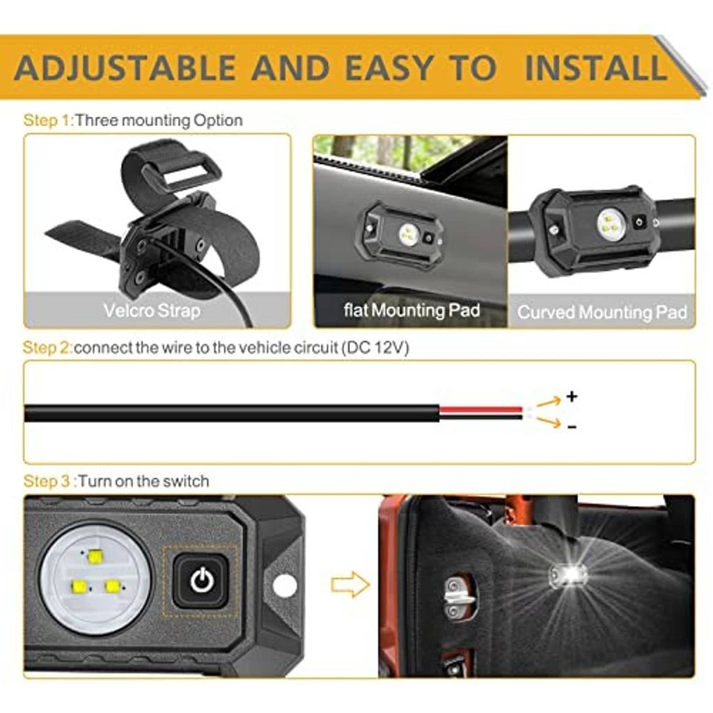 LED dome light installation steps showing mounting options and wiring for DC 12V