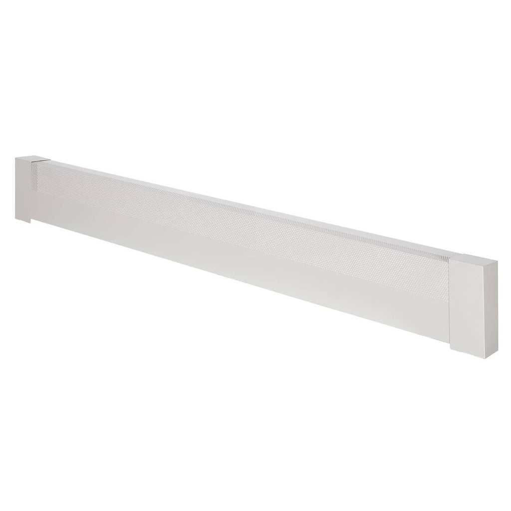 White baseboard heater cover with end caps and vented front grille, close-up