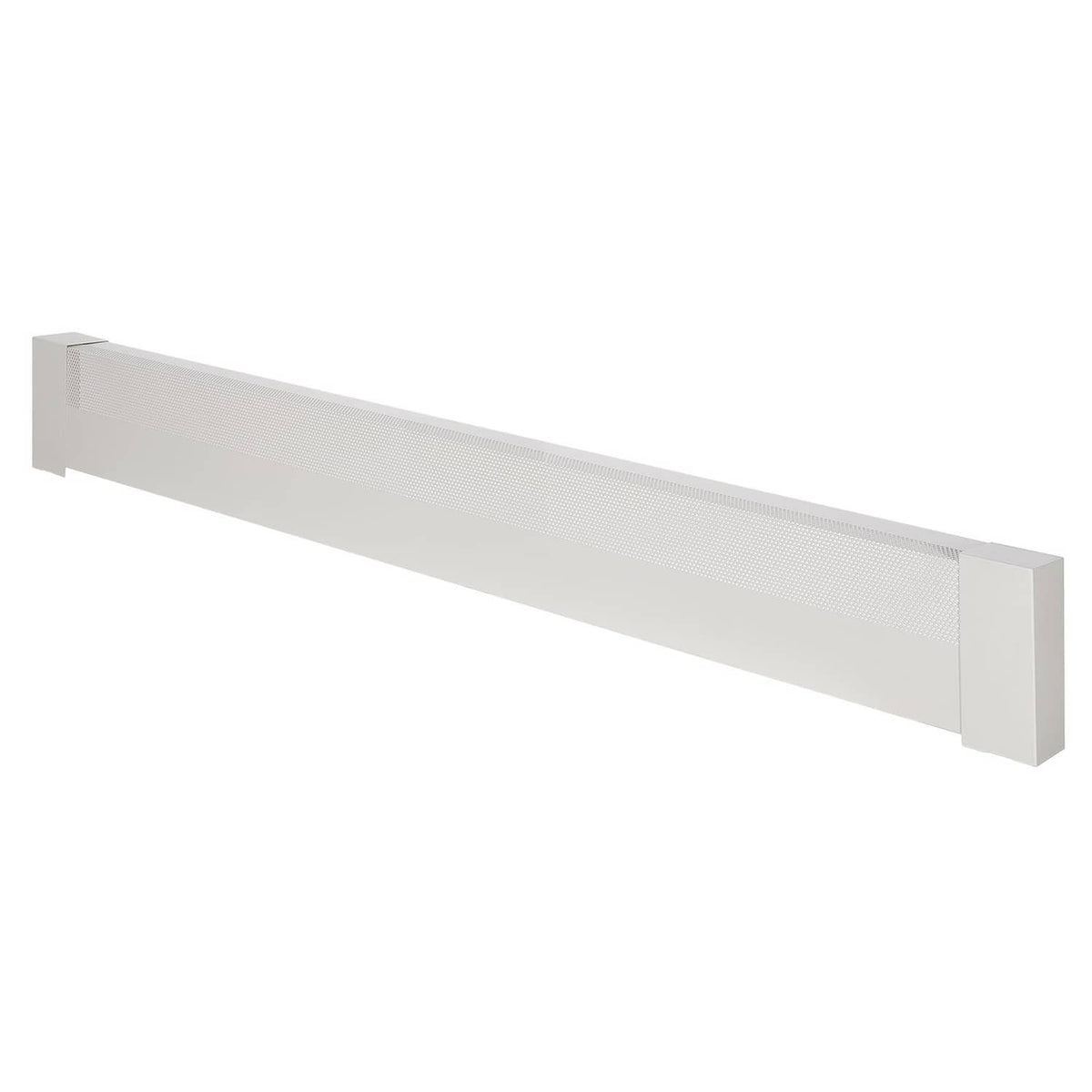 White baseboard heater cover with end caps and vented front grille, close-up