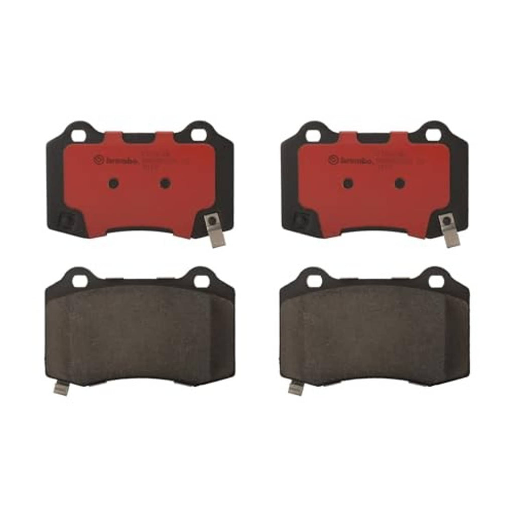 Rear ceramic disc brake pad set, front and back views showing red and gray friction faces
