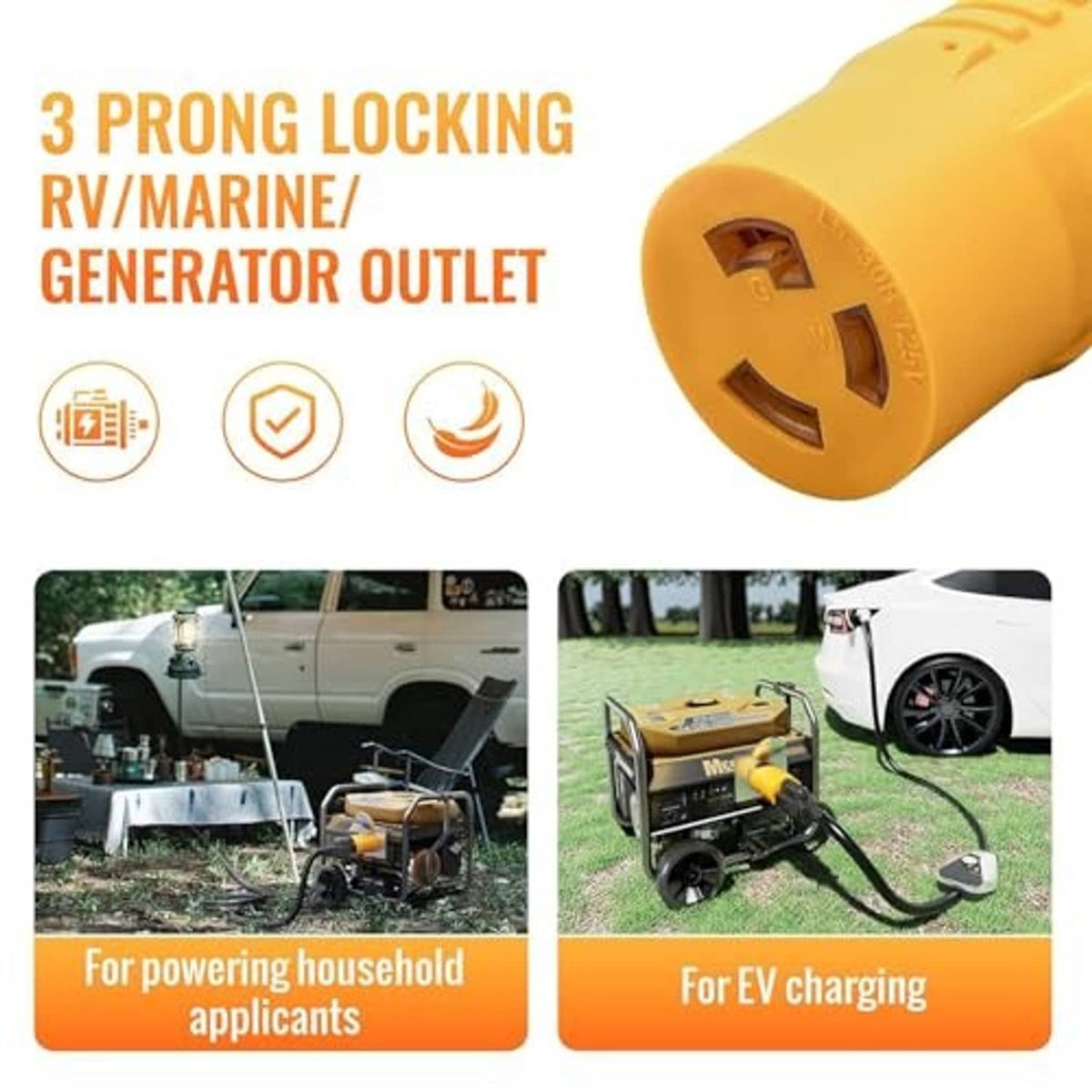 Yellow three-prong locking RV/marine generator adapter plug with L5-30R outlet