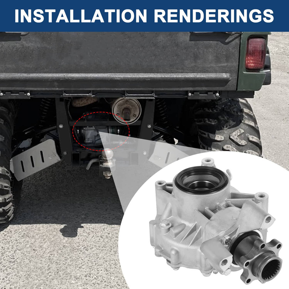 Rear differential assembly with black bearing seal, shown against an ATV underside