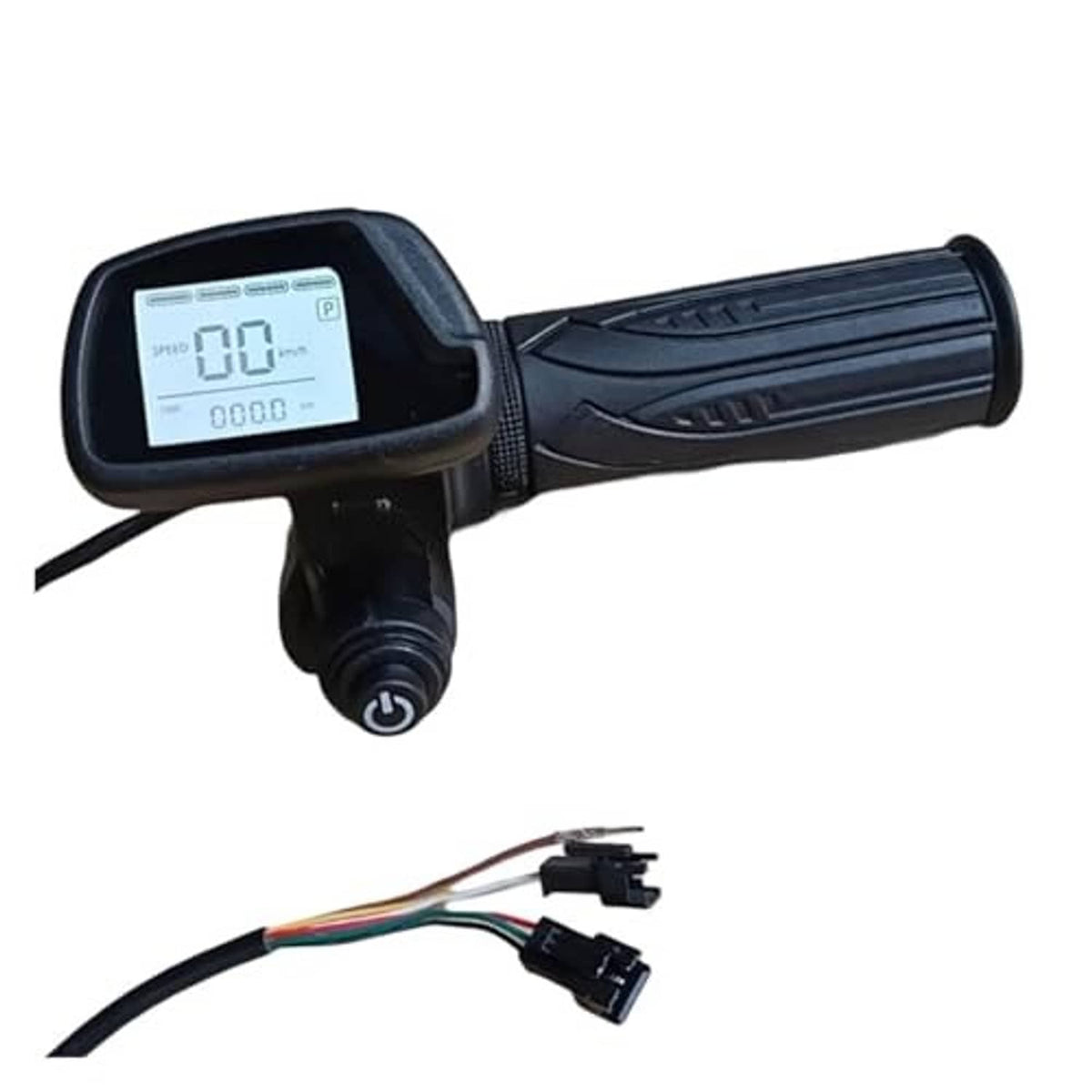 Electric bike throttle with LCD display on black handlebar grip, with key wire lead