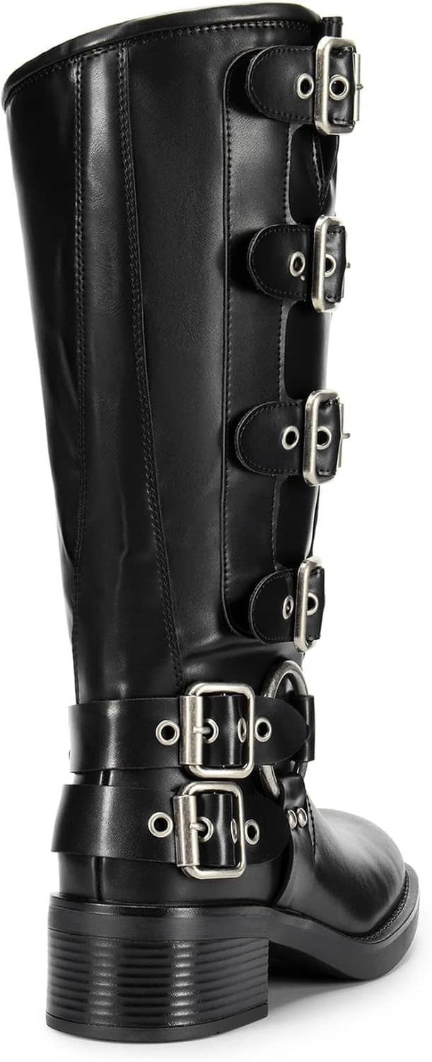 Black knee-high boots with side buckle straps, chunky block heel, square toe