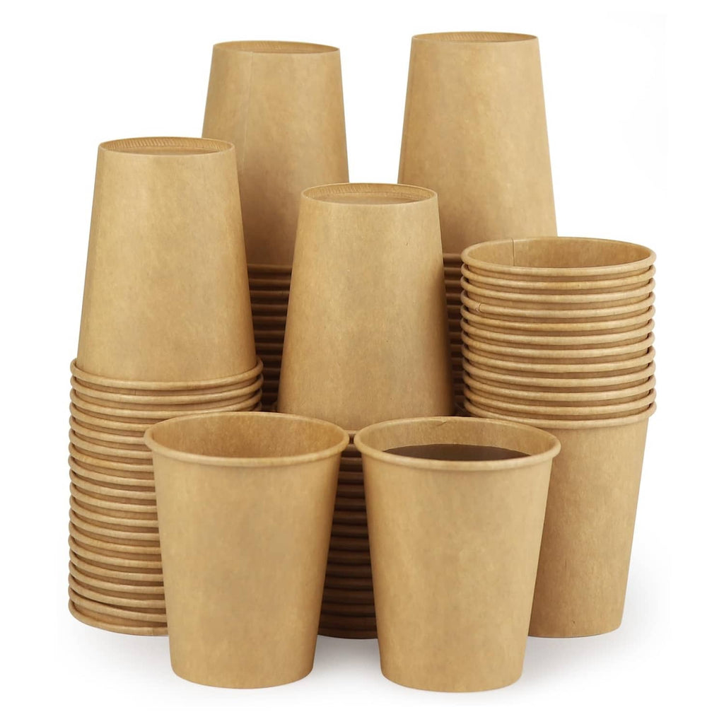 Set of brown kraft paper cups, stacked and ready for hot beverages
