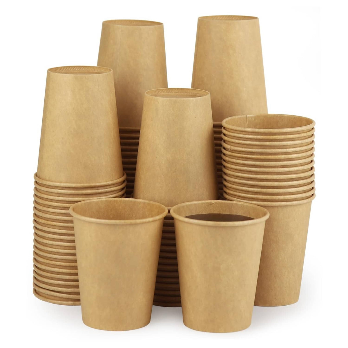 Set of brown kraft paper cups, stacked and ready for hot beverages