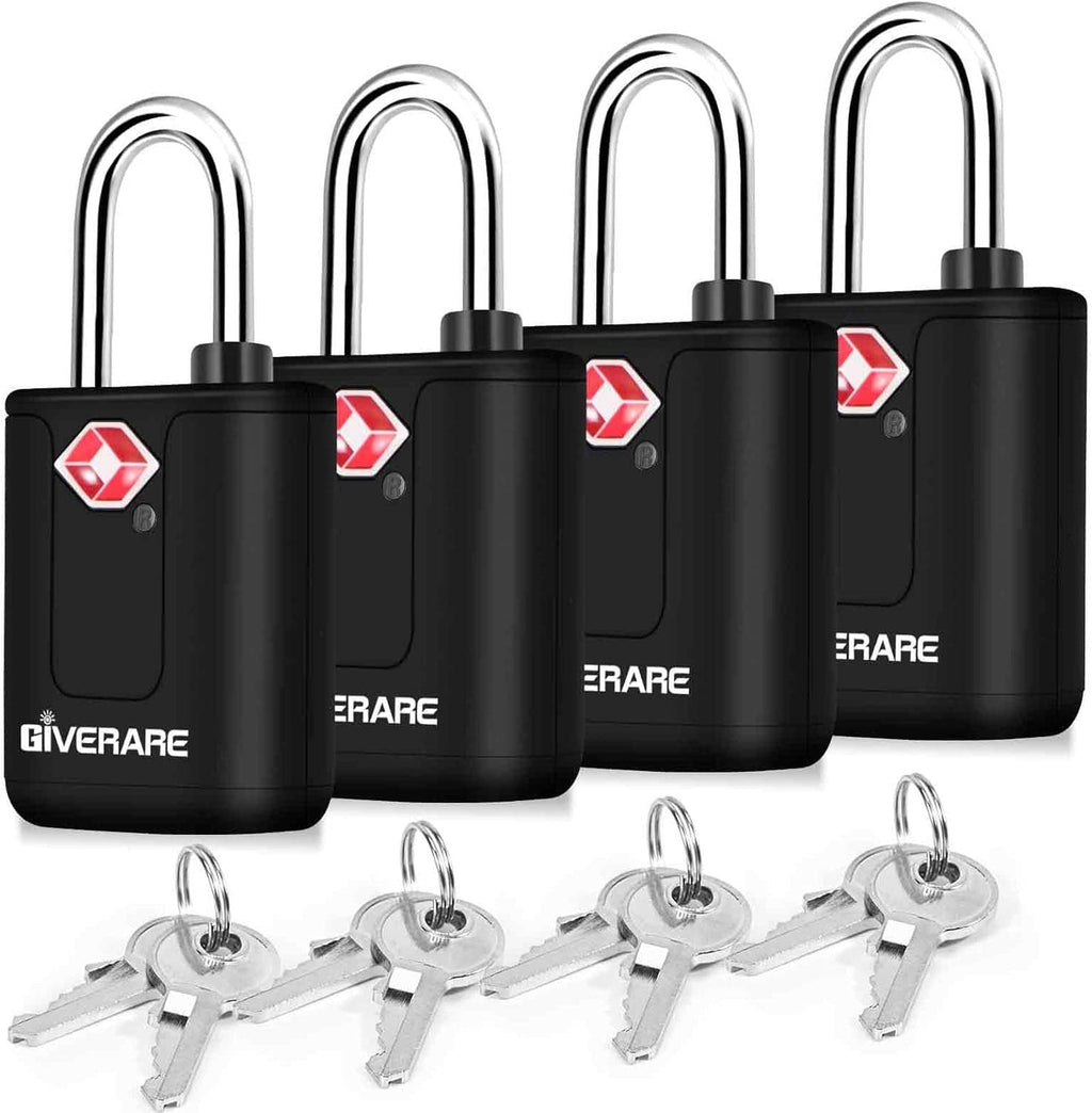 Four black GIVERARE luggage padlocks with chrome U-shackles, red logo, and keys