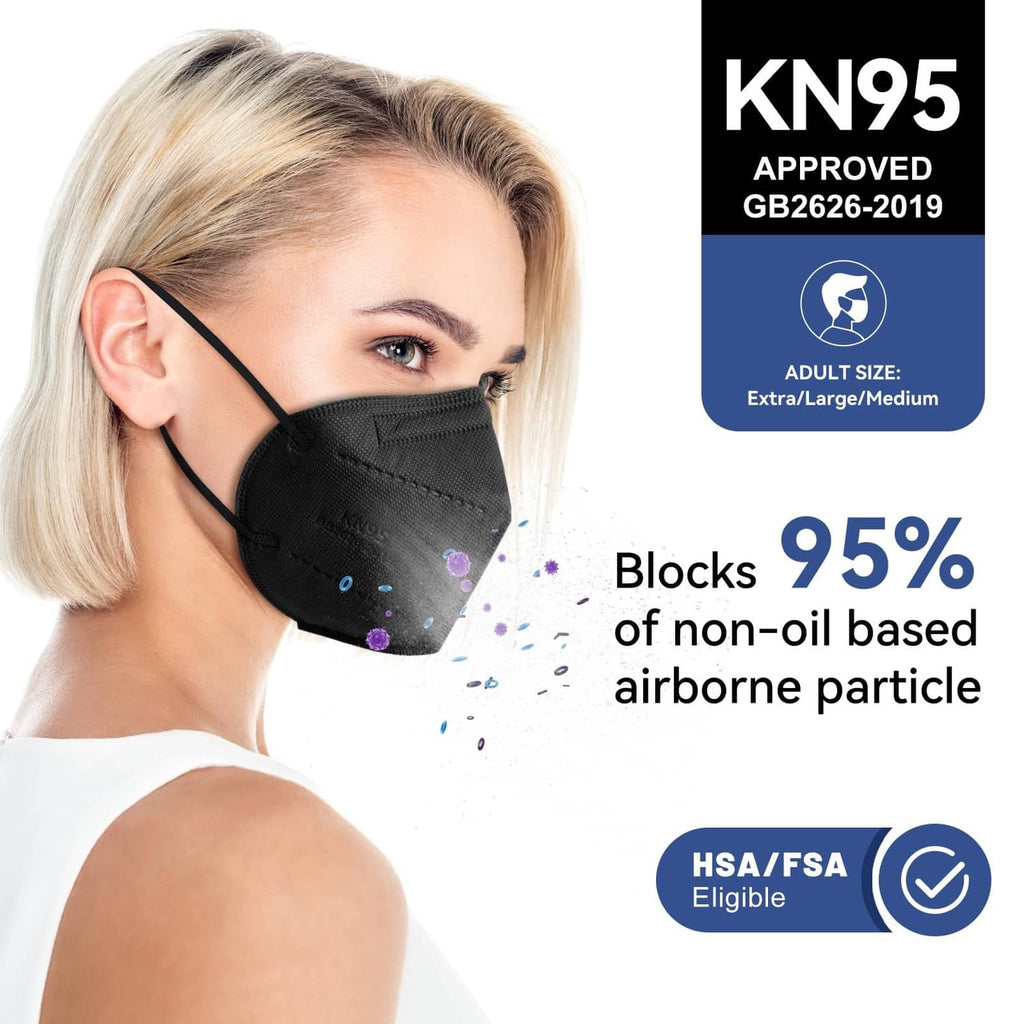Black KN95-style face mask on adult face with ear loops