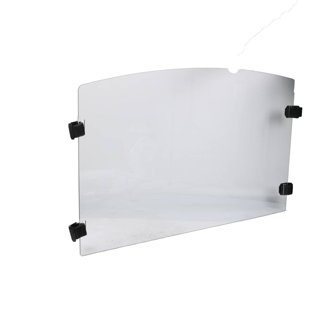 Angled front windshield with clear finish and black mounting clamps