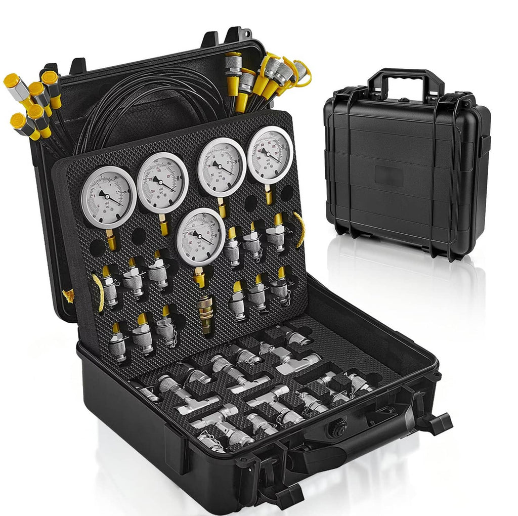 Hydraulic pressure test kit in black case with 5 gauges and multiple couplings inside
