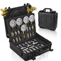 Hydraulic pressure test kit in black case with 5 gauges and multiple couplings inside