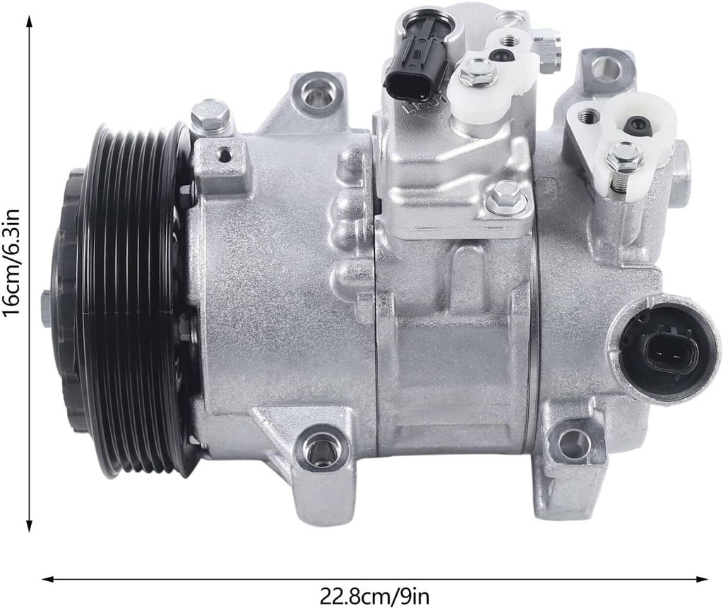 A/C air compressor with black pulley and silver casing, side profile with ports