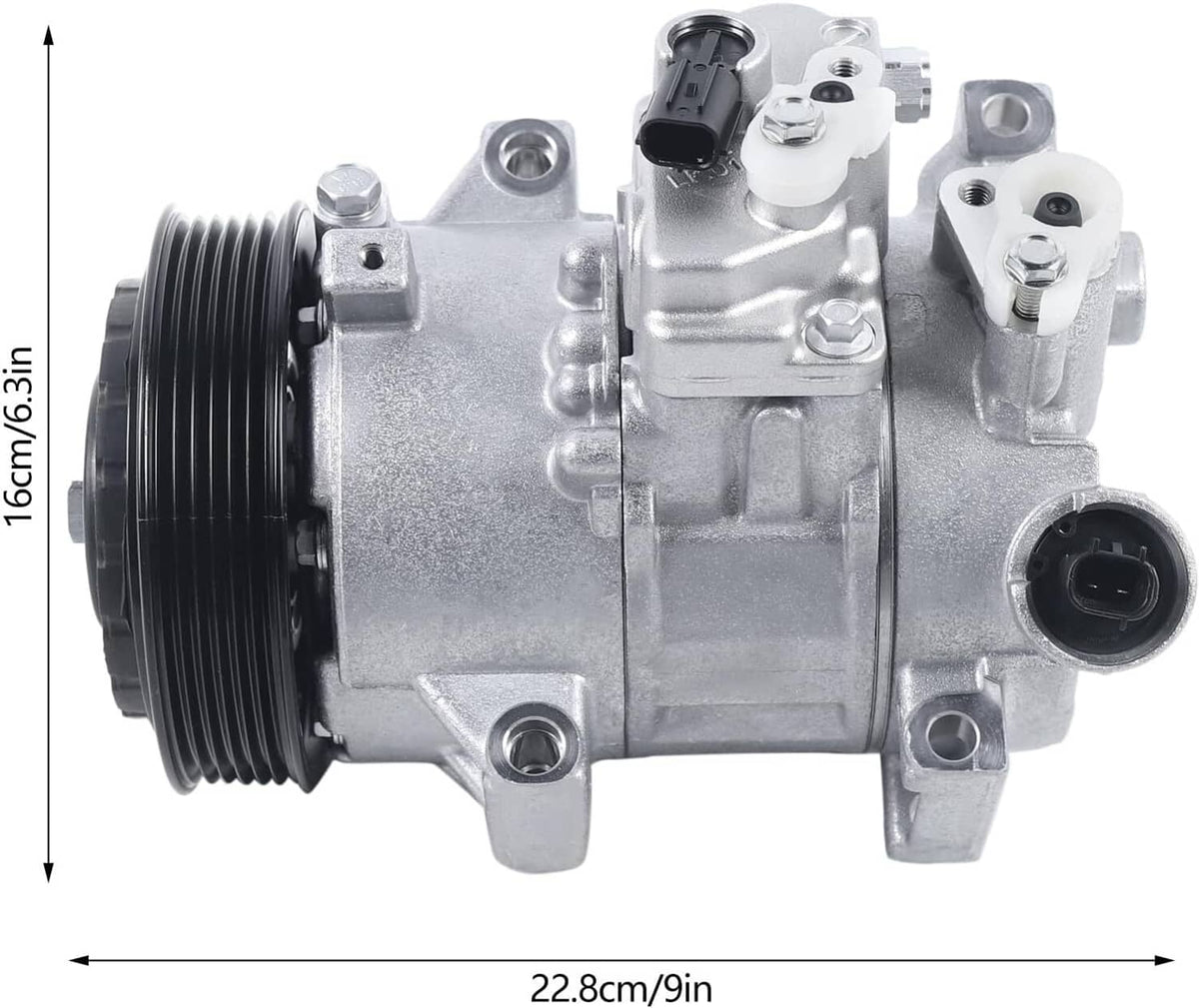 A/C air compressor with black pulley and silver casing, side profile with ports