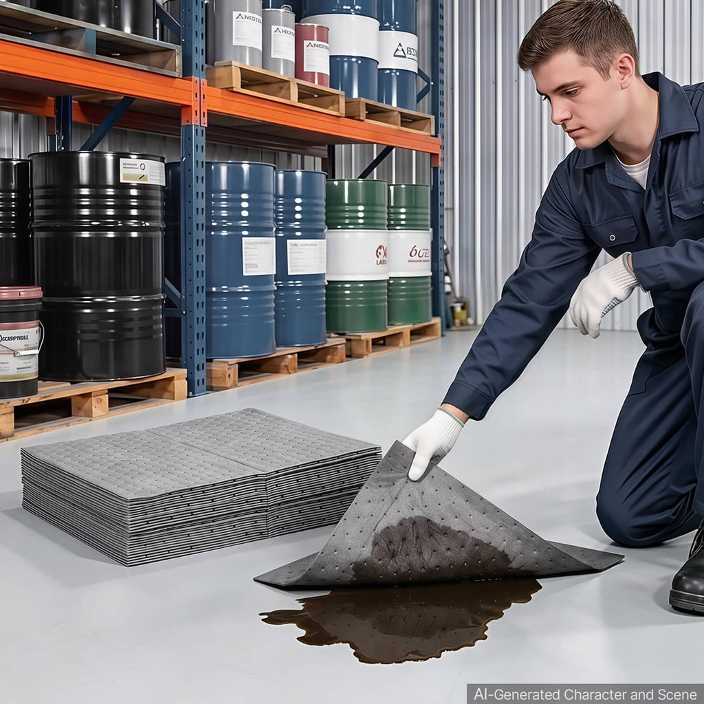 Grey oil absorbent pad laid on floor for spill cleanup, 16 x 18 in.