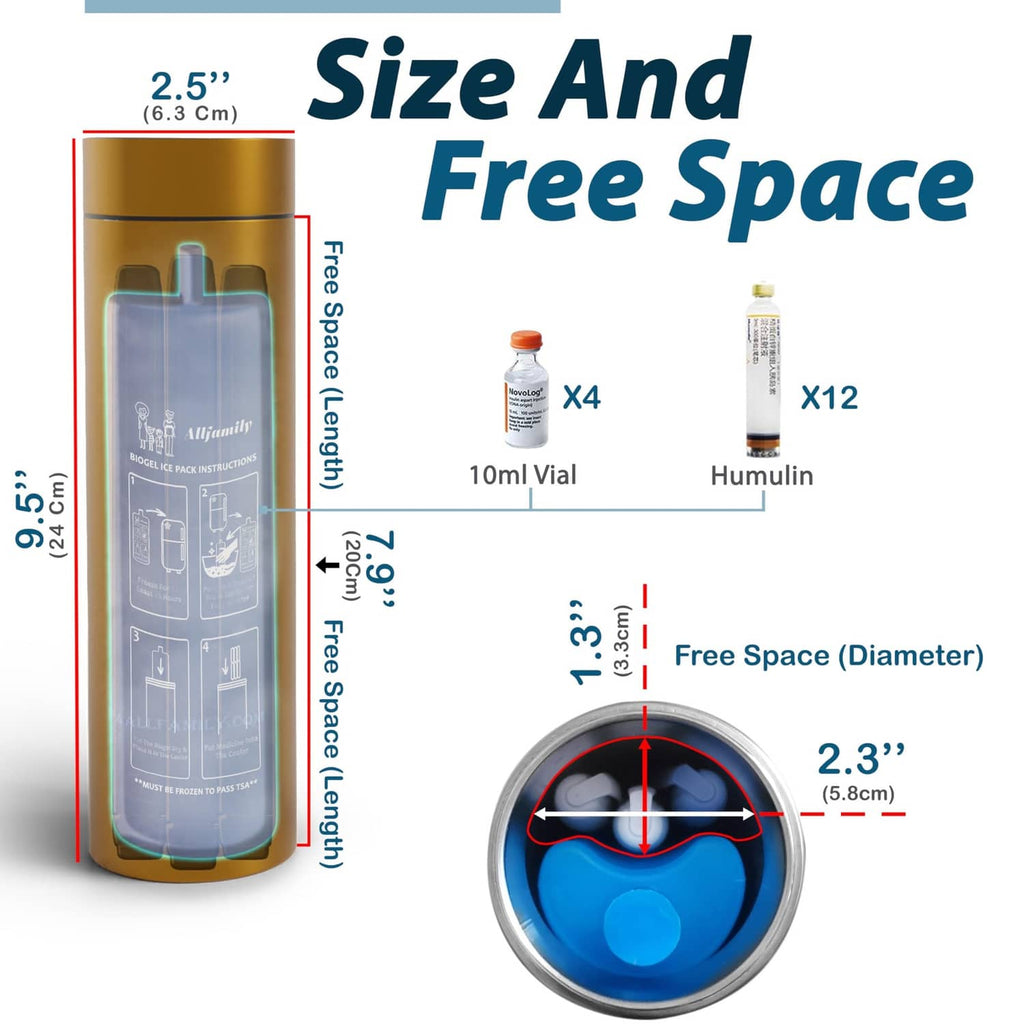 Insulin travel case cooler size diagram with free space dimensions and cooling insert