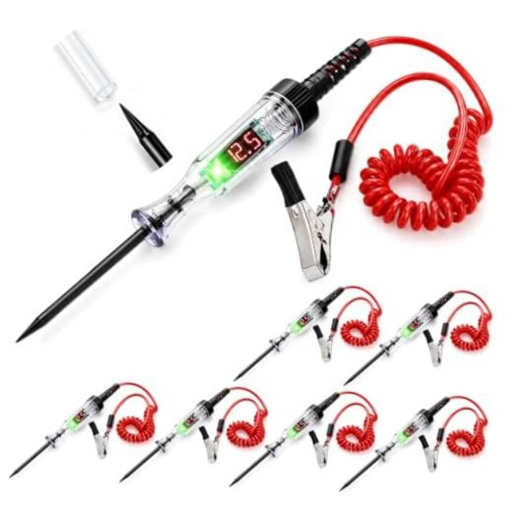 Automotive digital circuit test light with green LED display, red spiral cable and probe