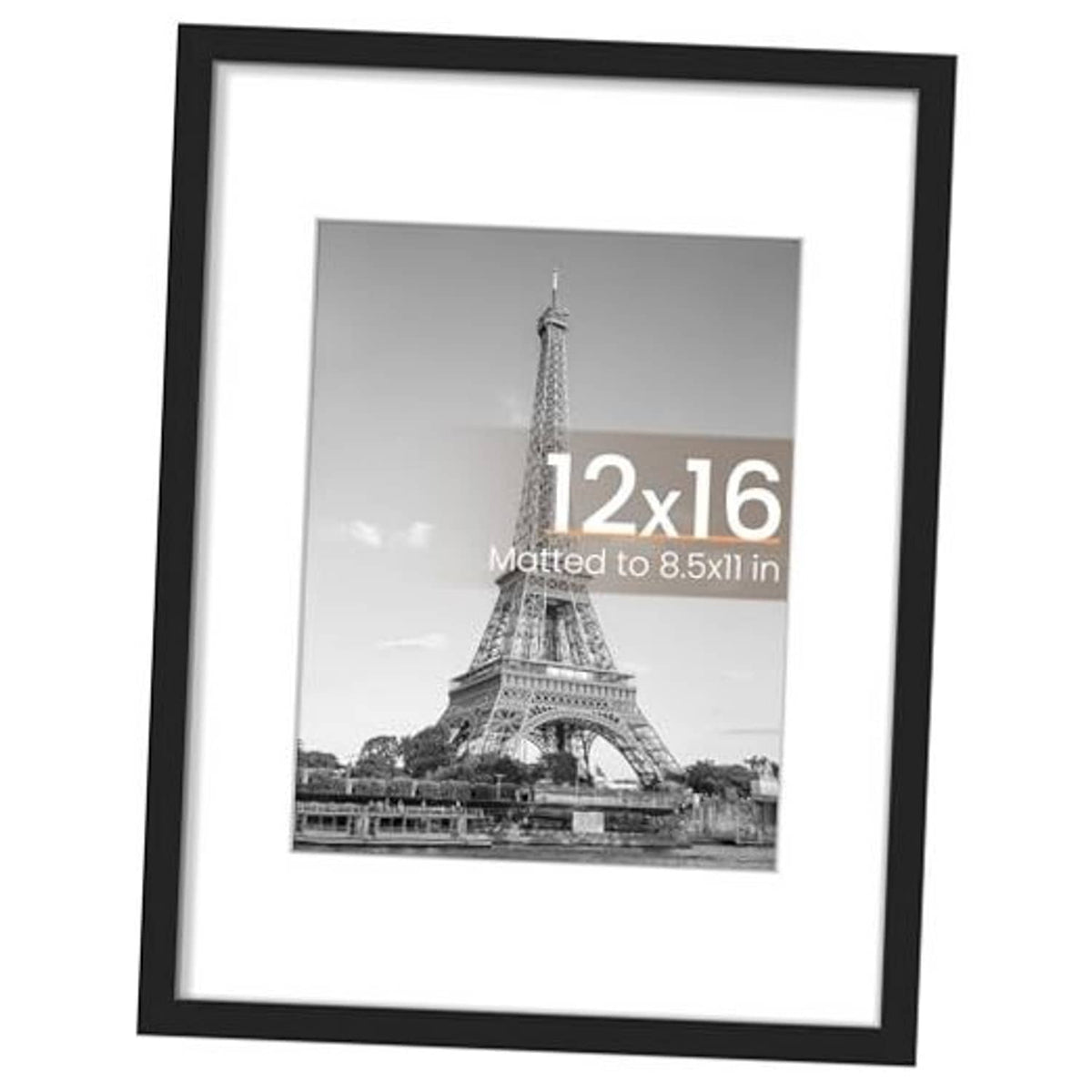 Black picture frame with white mat, holding a monochrome Eiffel Tower photo