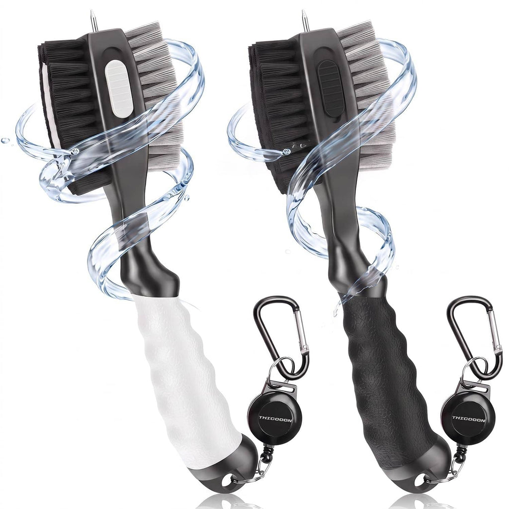 2-pack retractable golf club cleaning brushes with black/white handles and bristle heads