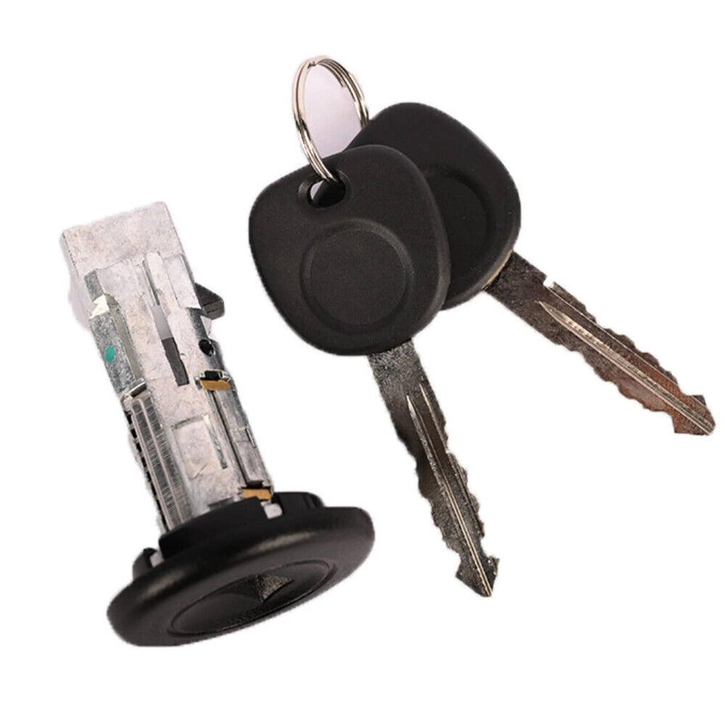 Ignition lock cylinder and two keys with keyring, black caps and silver insert