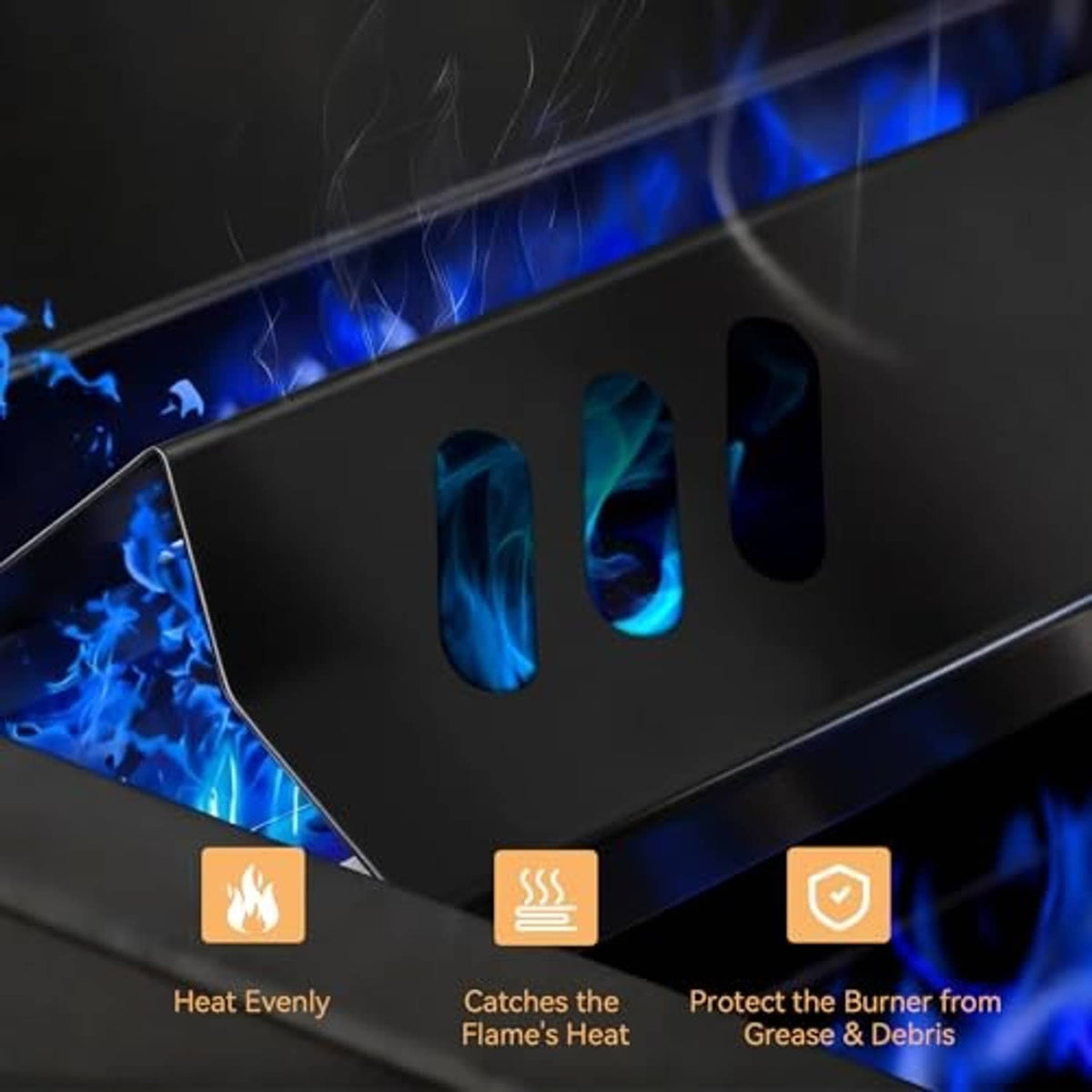 Black grill burner heat shield with four vent slots shown with blue flame
