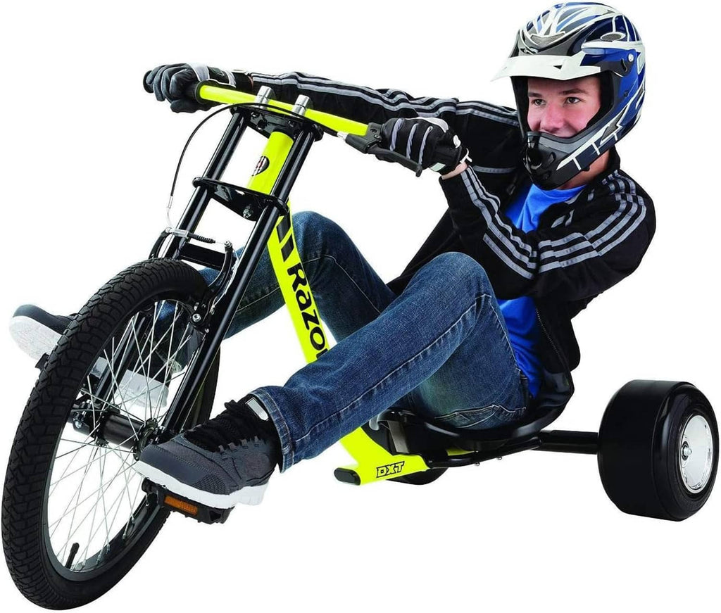 Neon yellow drift trike with black seat; rider wearing helmet and gloves