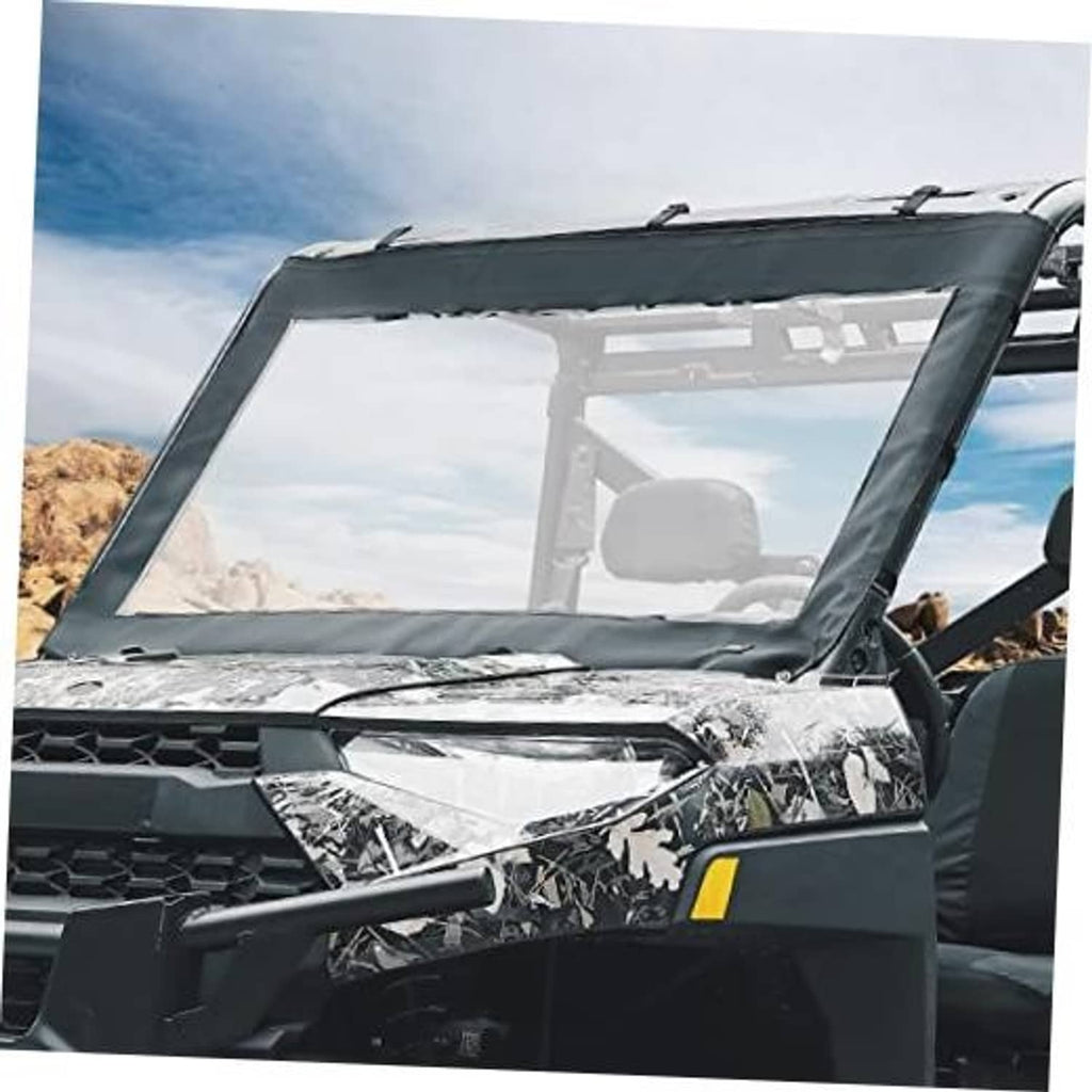 Soft front windshield with clear PVC window and dark fabric frame, mounted on UTV