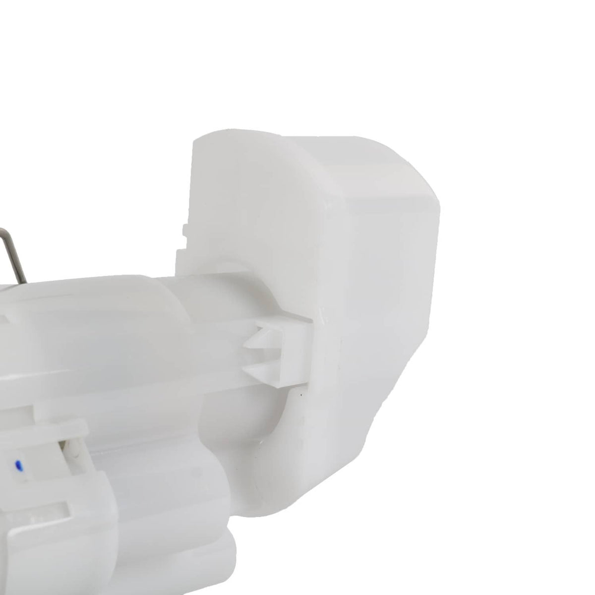 Fuel pump assembly close-up of white housing end and mounting bracket geometry