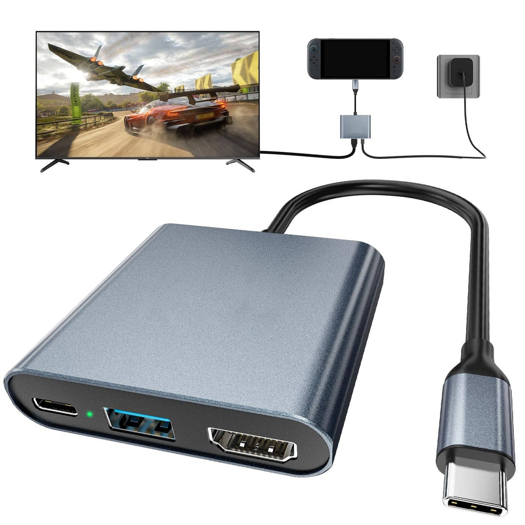 Black portable USB-C docking station with HDMI, USB, and Ethernet ports