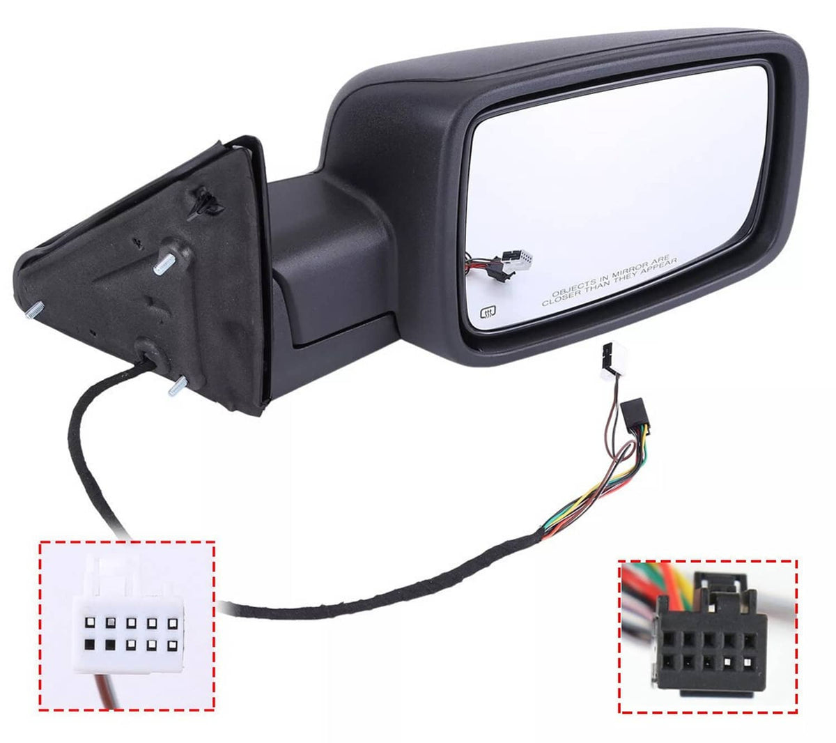 Passenger-side folding side mirror with heated glass and LED turn-signal strip, black housing