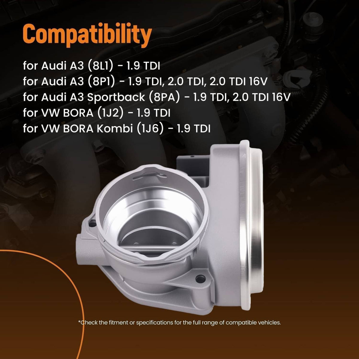 Silver throttle body with circular intake opening and side mounting ear