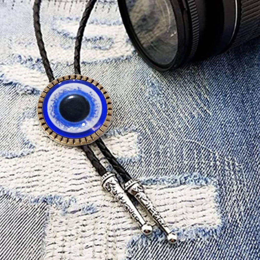 Blue eye round bolo tie buckle with black cord and metal clasp tips