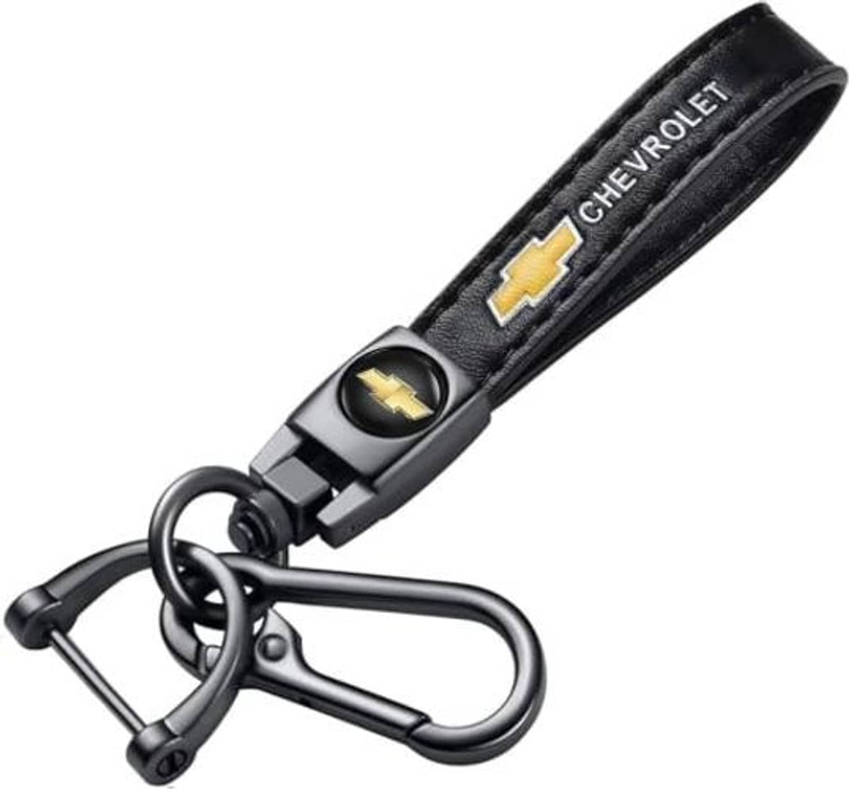 Black leather key fob strap with Chevrolet logo and metal key ring carabiner